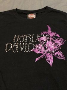 Harley Davidson T-Shirt Top Black Purple Flower